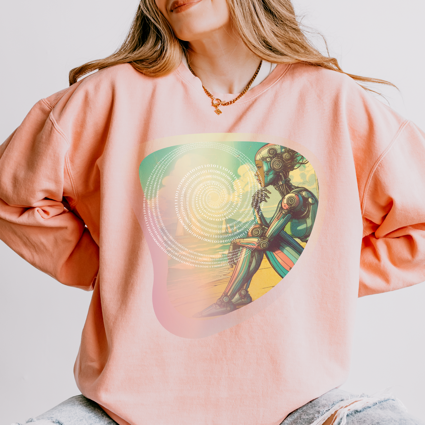 Retro-Futuristic Robot Sweatshirt - Colorful Lightweight Sci-Fi Pullover with Binary Code Design, Comfort Colors Top