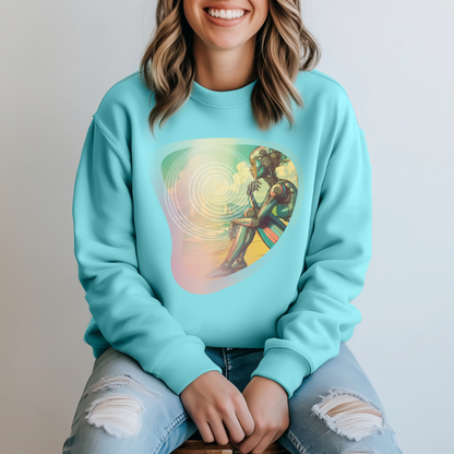 Retro-Futuristic Robot Sweatshirt - Colorful Lightweight Sci-Fi Pullover with Binary Code Design, Comfort Colors Top