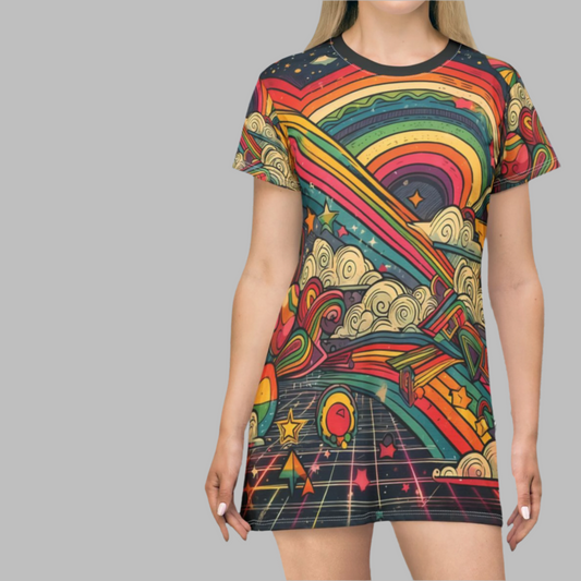 Tunic T-Shirt Dress - 80s Arcade Rainbows and Clouds