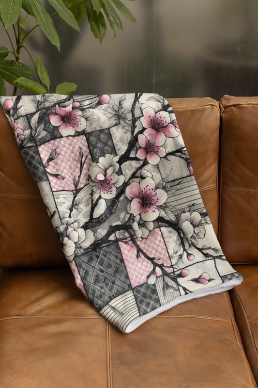 Cherry Blossom Plush Blanket - Patchwork Style Throw with Bold Pink and Black Design