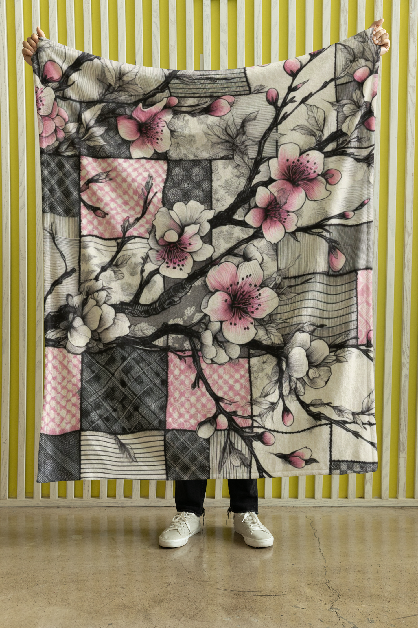 Cherry Blossom Plush Blanket - Patchwork Style Throw with Bold Pink and Black Design