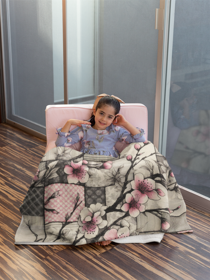 Cherry Blossom Plush Blanket - Patchwork Style Throw with Bold Pink and Black Design