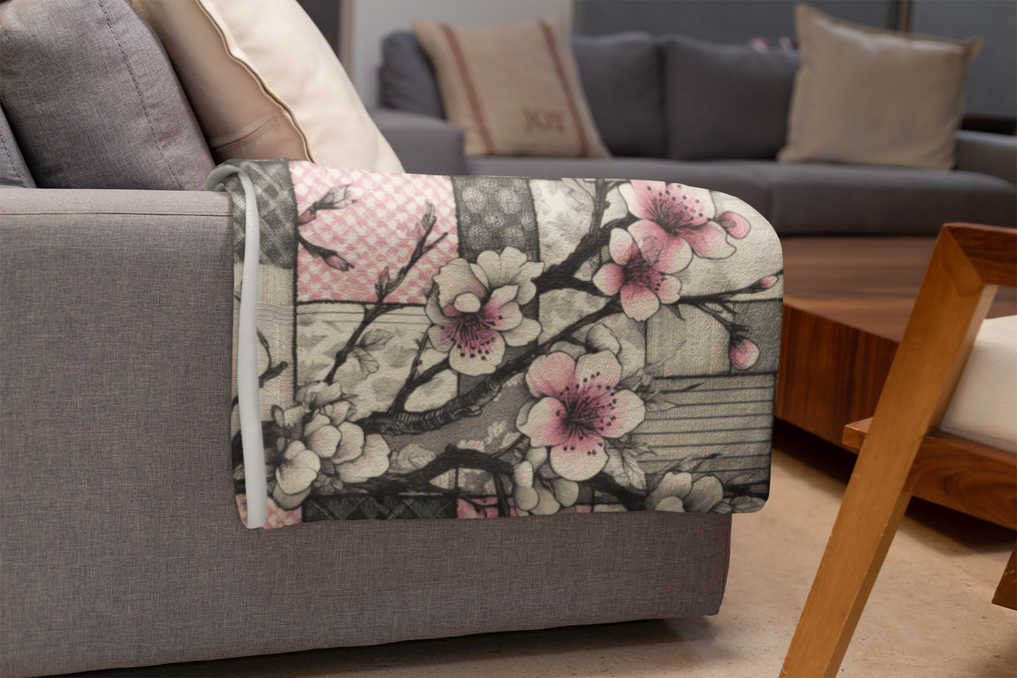 Cherry Blossom Plush Blanket - Patchwork Style Throw with Bold Pink and Black Design