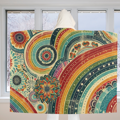 Rainbow Boho Hooded Sherpa Blanket - Cozy Plush Blanket with Retro Grunge Swirls and Bright Colors - Great for Holiday or Birthday Gifts