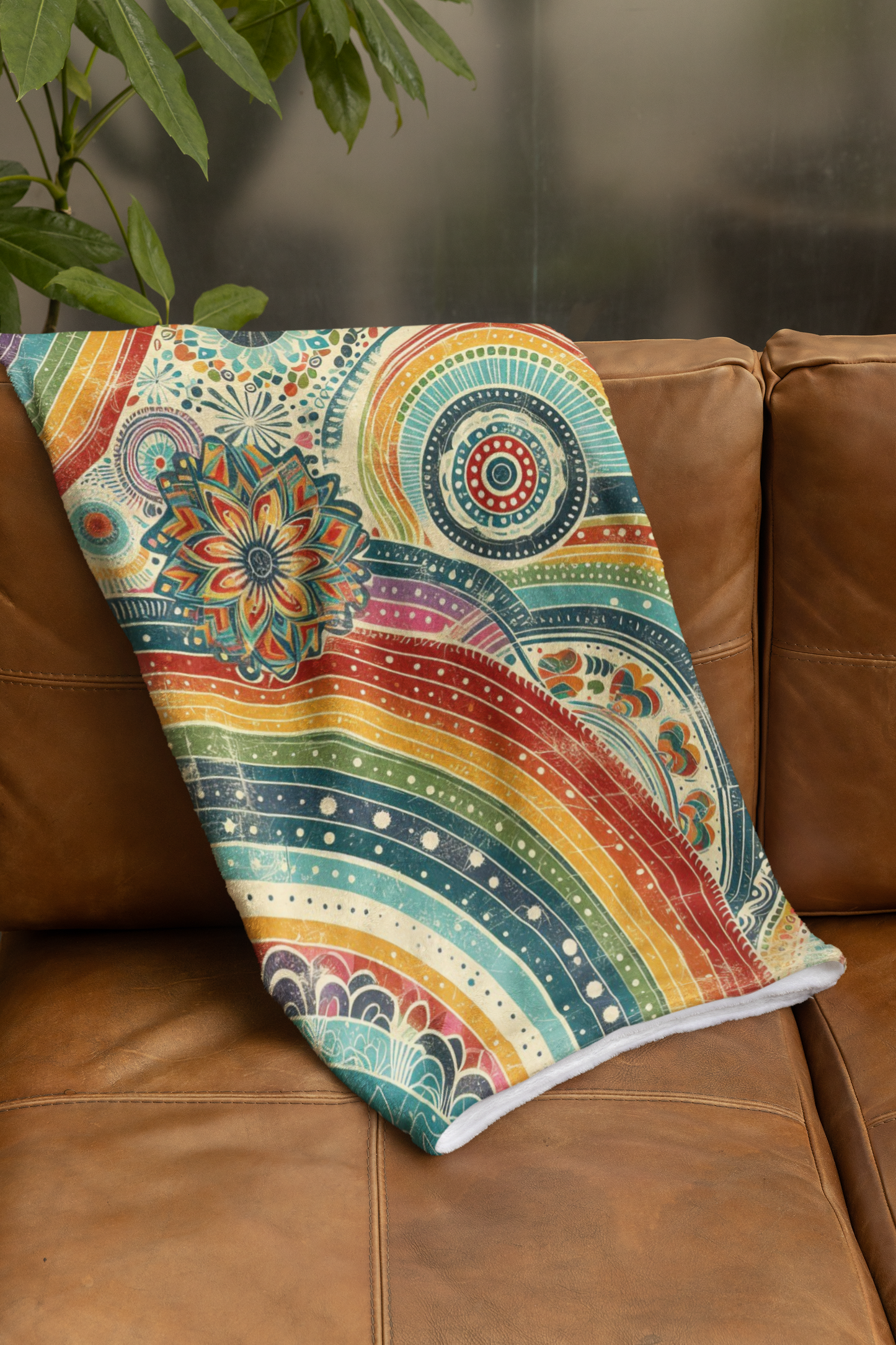 Rainbow Boho Plush Blanket - Velveteen Throw with Retro Grunge Overlay and Intricate Swirls - Great for Living Rooms, Bedrooms, Nurseries