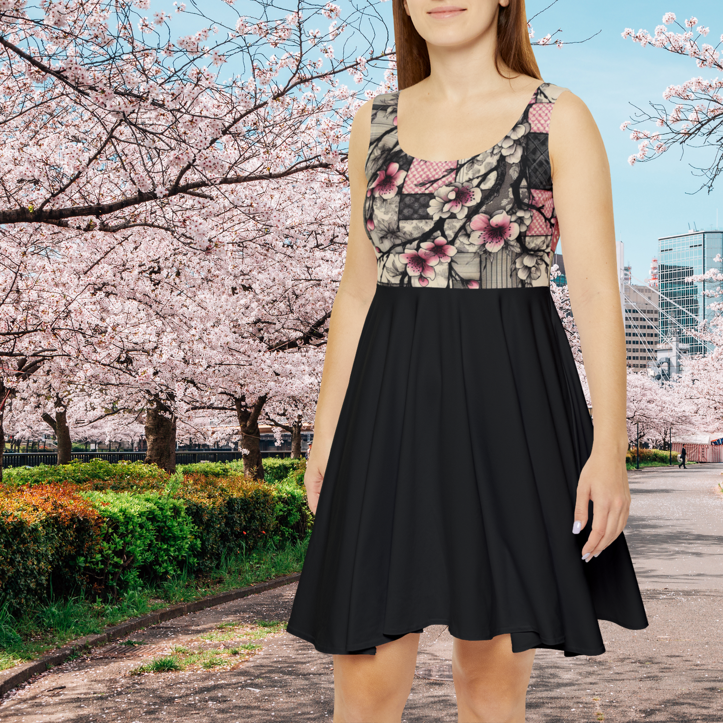 Cherry Blossom Skater Dress - Patchwork  Sketch Style with Pink and Black, Colorful Top and Black Skirt - Great for Layering Year-Round