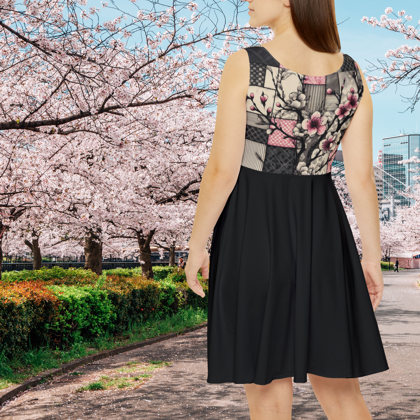 Cherry Blossom Skater Dress - Patchwork  Sketch Style with Pink and Black, Colorful Top and Black Skirt - Great for Layering Year-Round