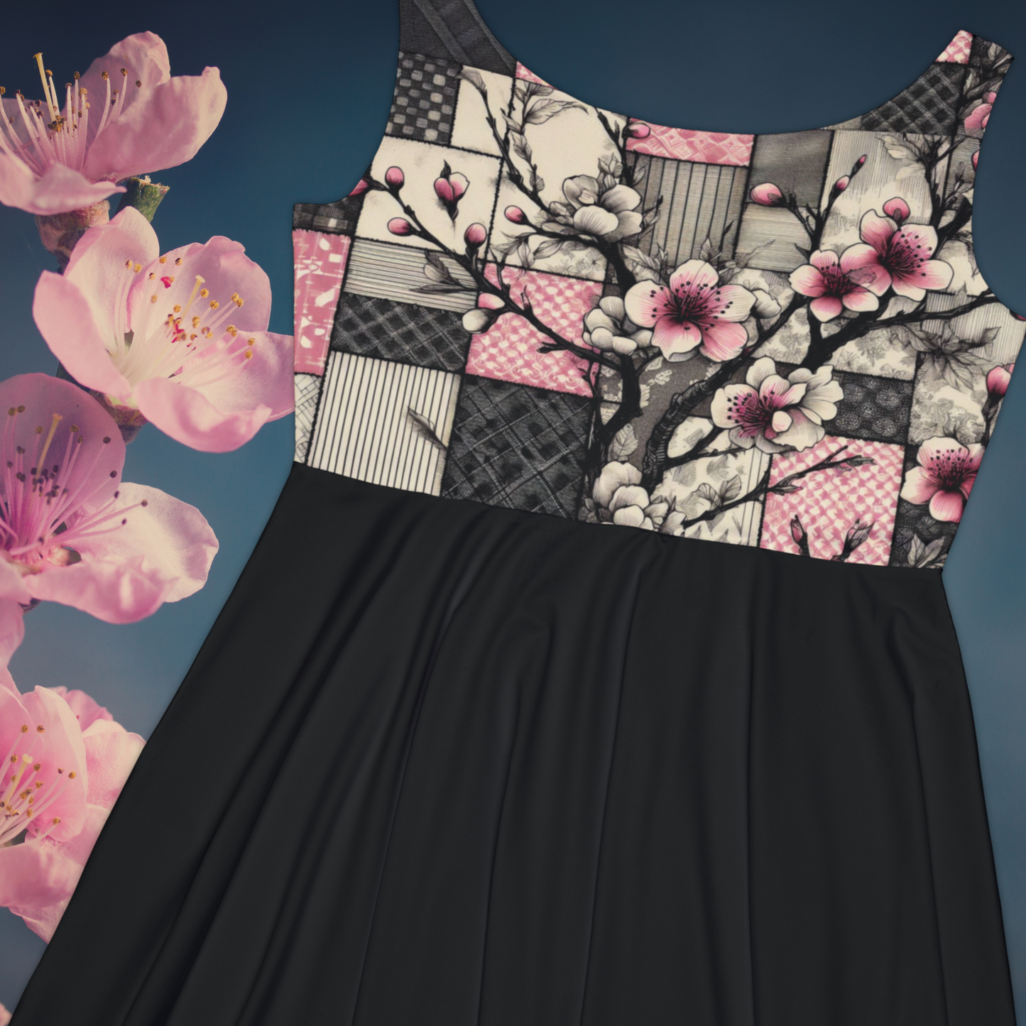 Cherry Blossom Skater Dress - Patchwork  Sketch Style with Pink and Black, Colorful Top and Black Skirt - Great for Layering Year-Round