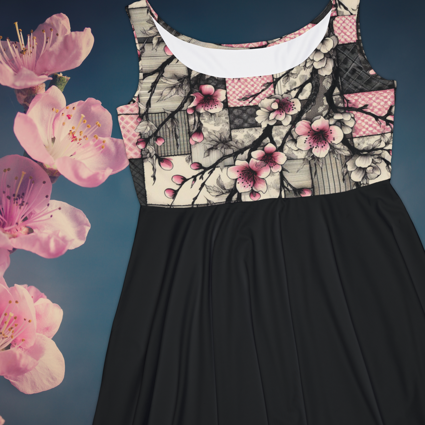 Cherry Blossom Skater Dress - Patchwork  Sketch Style with Pink and Black, Colorful Top and Black Skirt - Great for Layering Year-Round