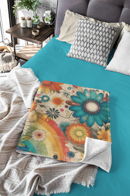 Retro Rainbow Sherpa Fleece Blanket - Whimsical Vintage Flower Design - Great for Living Rooms, Bedding, Outdoor Events, Nurseries