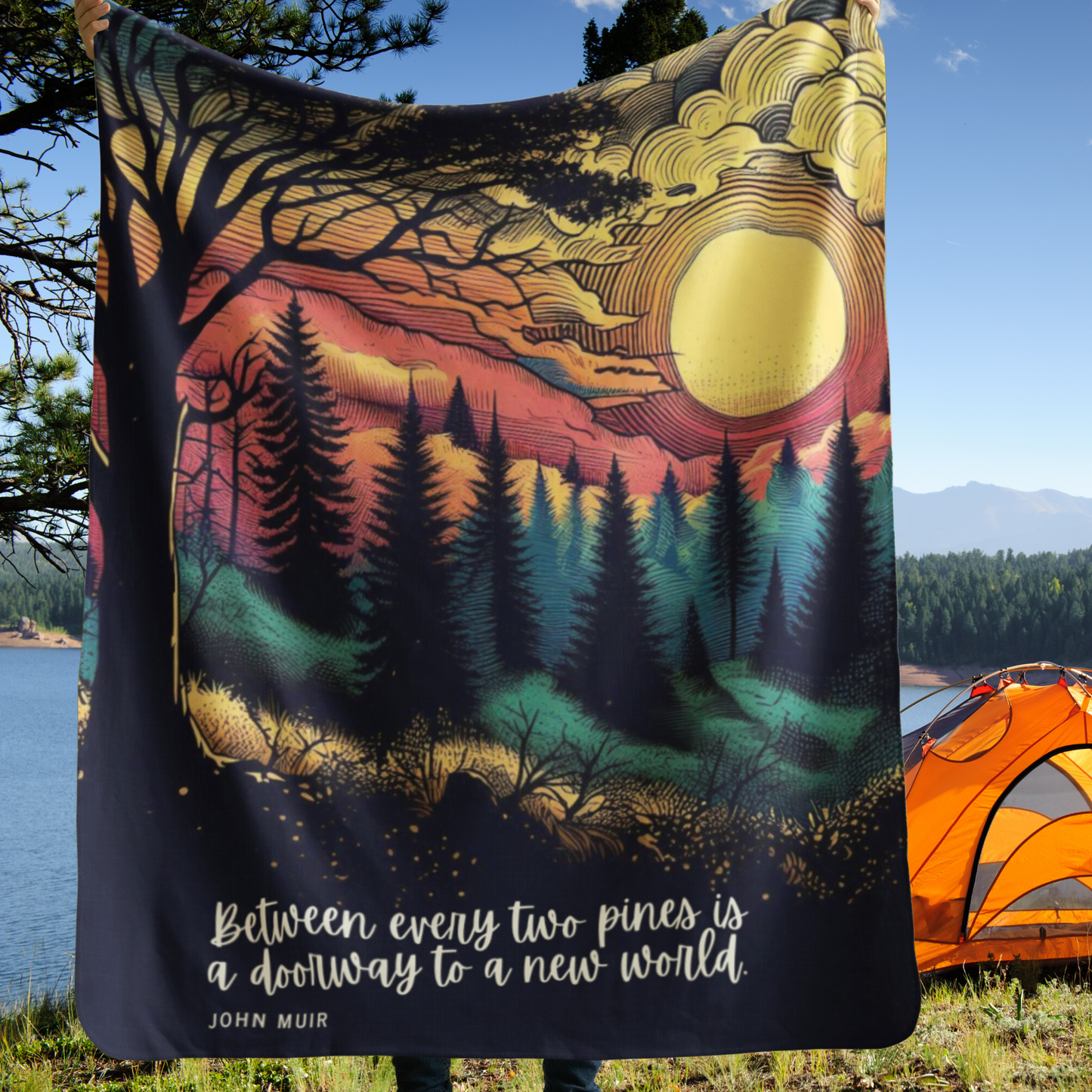 Sherpa Fleece Blanket - Silhouetted Trees and Vibrant Sunrise Design with John Muir Quote, Great Gift for Nature and Outdoor Lovers