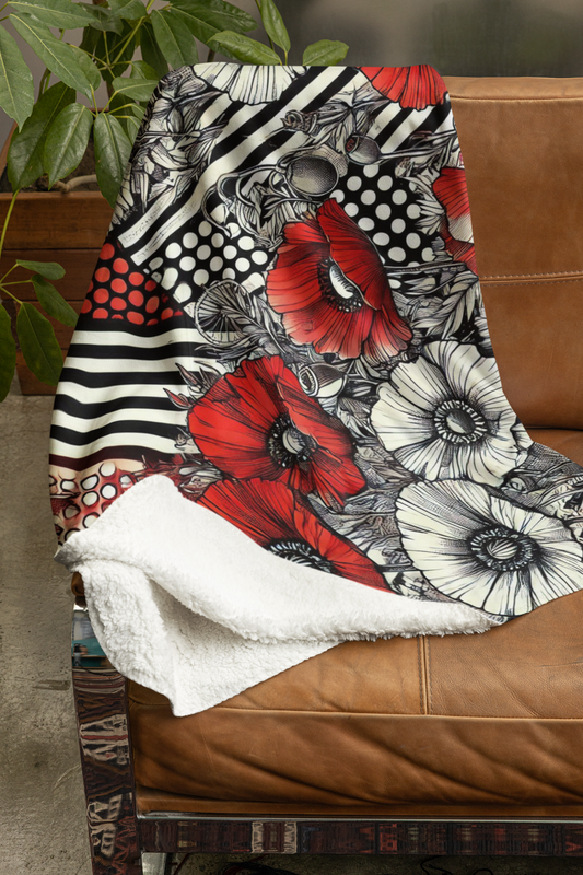 Red Poppy Sherpa Fleece Blanket - Black and White Polka Dot and Stripe Design - Whimsical Cozy Throw