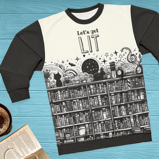 Bookshelf Sweatshirt - Whimsical "Let's Get Lit" Literary Pun Design - Black & White Unisex Crewneck for Book Lovers, Design on Front + Back