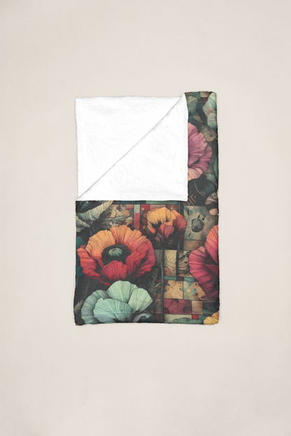 Plush Blanket, Bold Poppy Design with Patchwork-Inspired Background - Velveteen Softness for Couch, Bedding, Picnics, Concerts