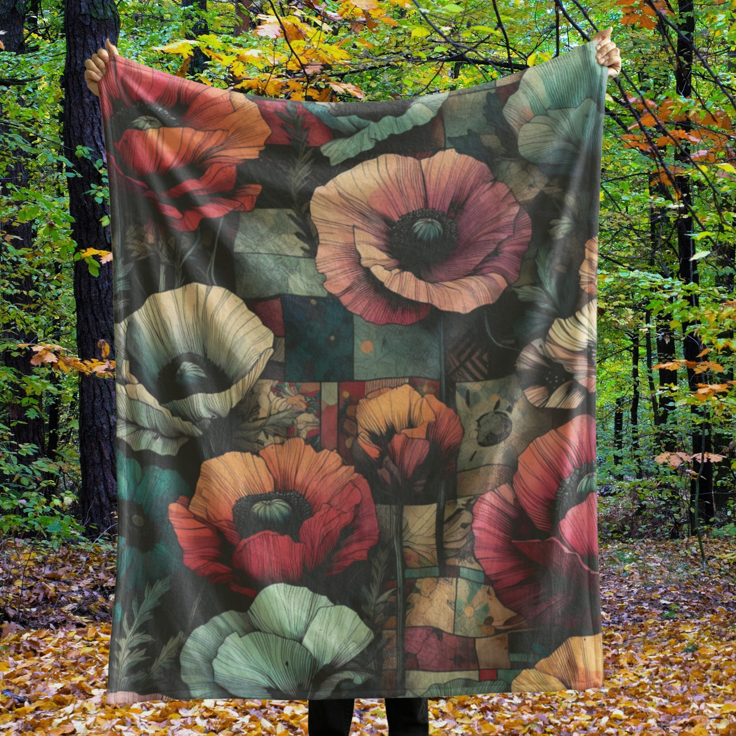 Plush Blanket, Bold Poppy Design with Patchwork-Inspired Background - Velveteen Softness for Couch, Bedding, Picnics, Concerts