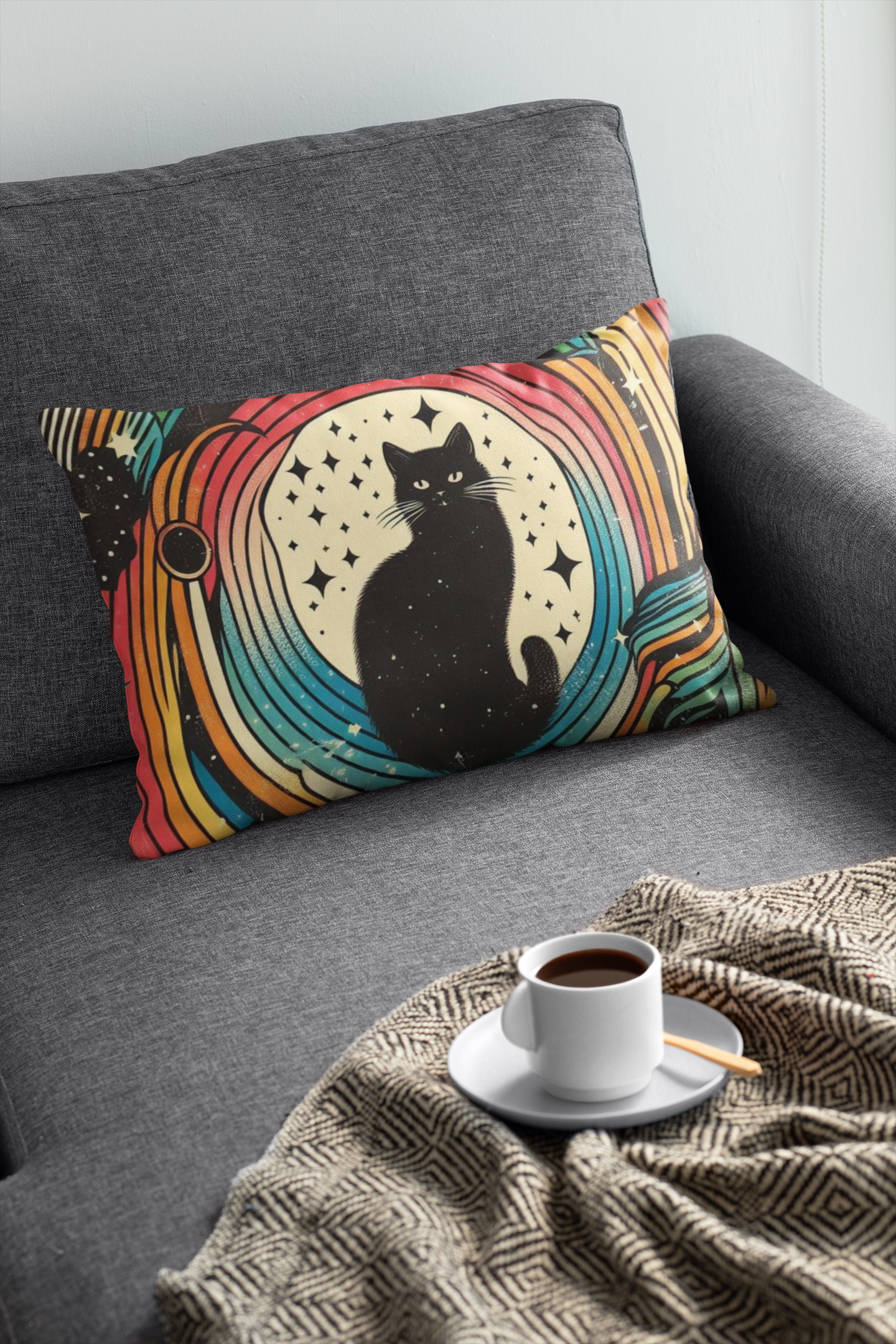 Lumbar Pillow - Black Kitty Retro Rainbow Swirl