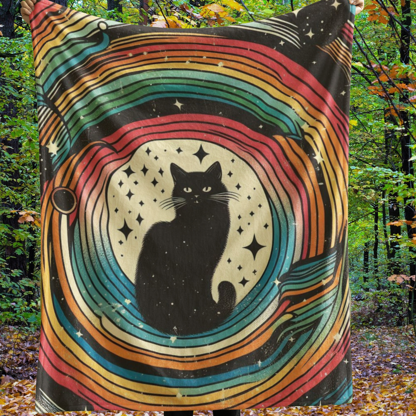 Black Kitty Retro Rainbow Swirl Blanket, Sherpa Fleece - Cozy Soft Warmth with Bold Vintage Inspired Cat Design - Great for Couch or Bedding