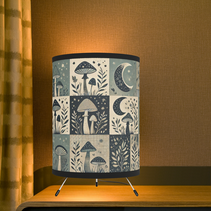 Tripod Table Lamp - Mystical Mushroom Patchwork Charm in Deep Teal & Green