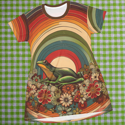 Tunic T-Shirt Dress - Groovy Frog with Rainbows and Florals