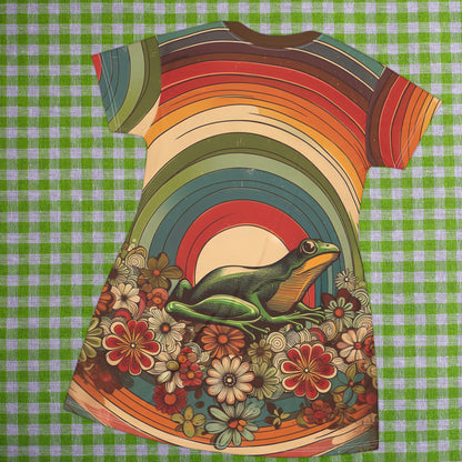 Tunic T-Shirt Dress - Groovy Frog with Rainbows and Florals