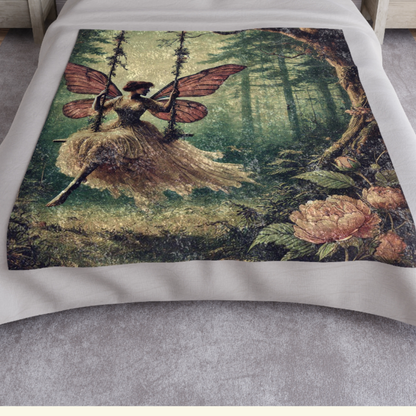 Crushed Velvet Blanket - Neo-Victorian Fairy on a Forest Swing