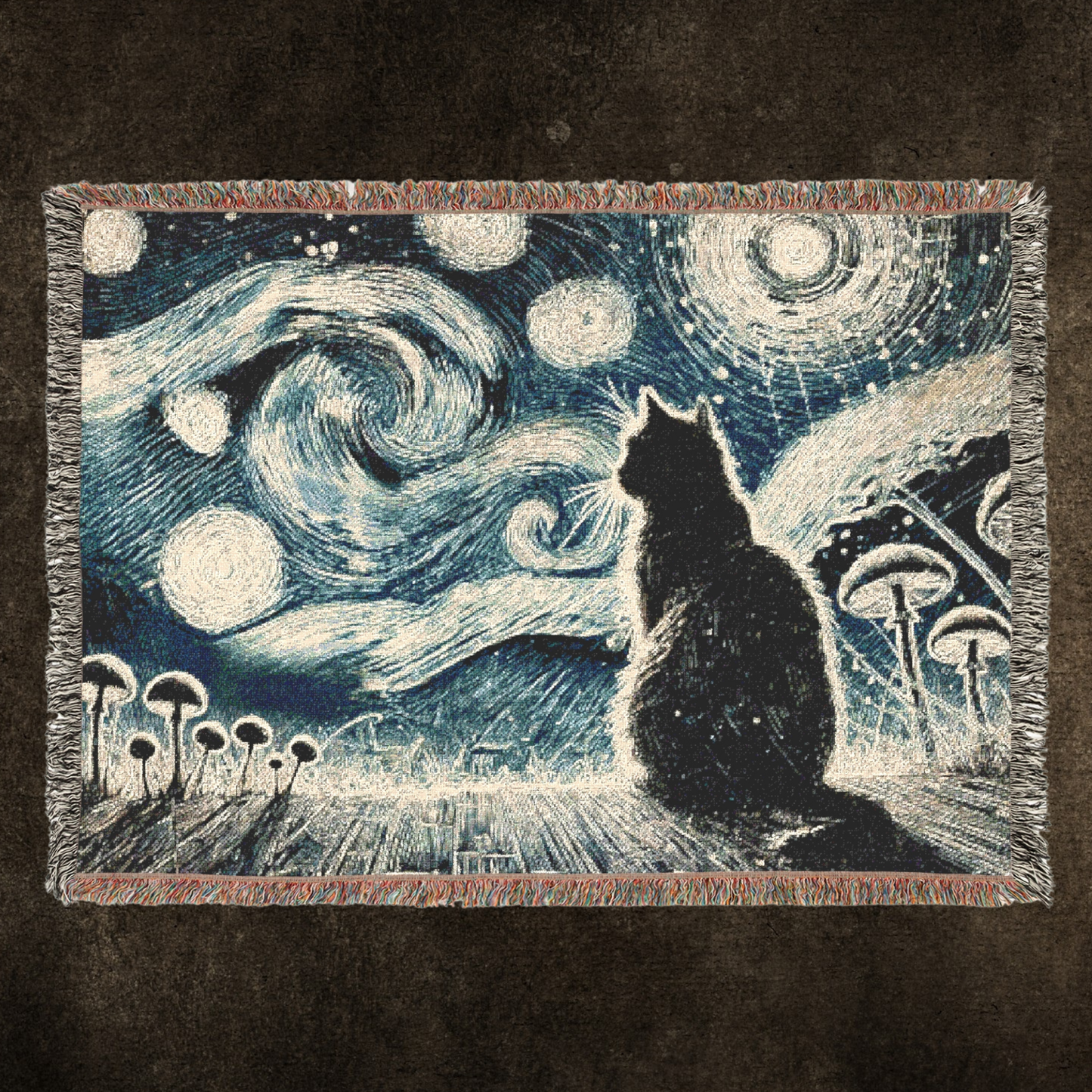 Woven Blanket - Enchanted Night with Black Cat and Whimsical Clouds