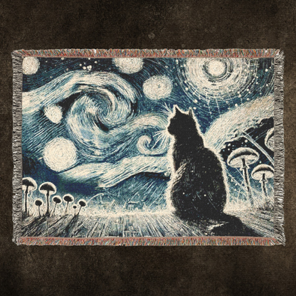 Woven Blanket - Enchanted Night with Black Cat and Whimsical Clouds