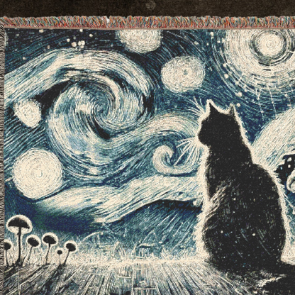 Woven Blanket - Enchanted Night with Black Cat and Whimsical Clouds