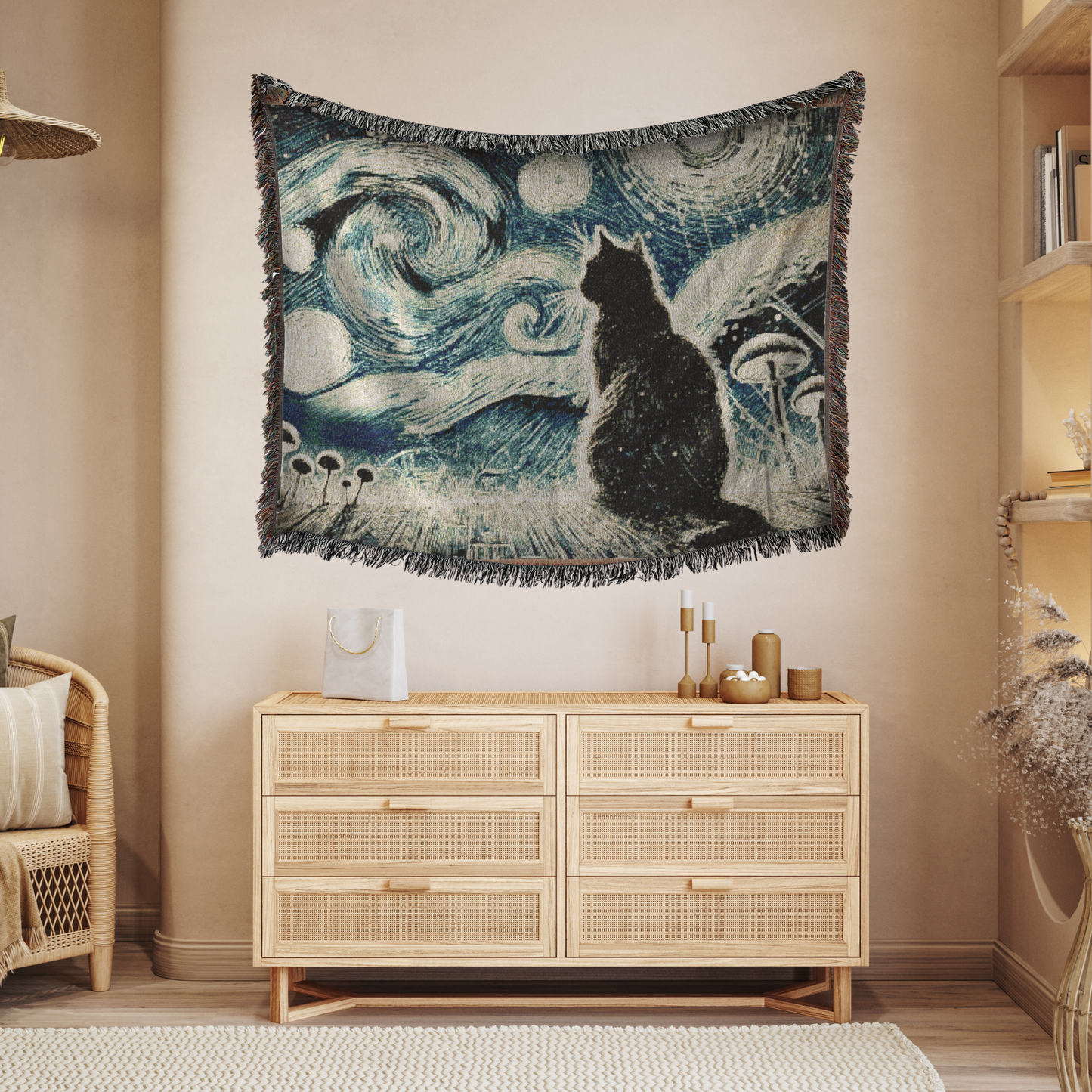 Woven Blanket - Enchanted Night with Black Cat and Whimsical Clouds