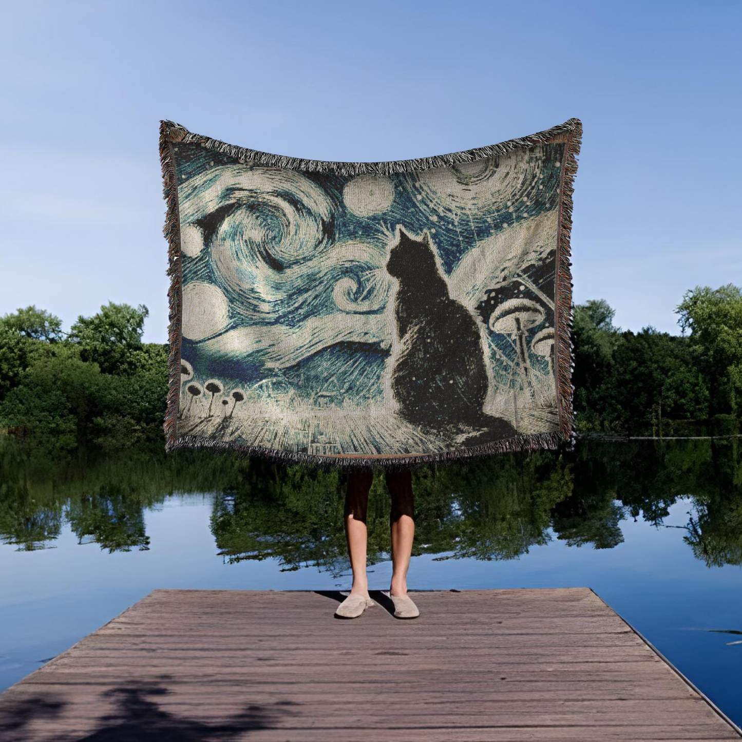 Woven Blanket - Enchanted Night with Black Cat and Whimsical Clouds