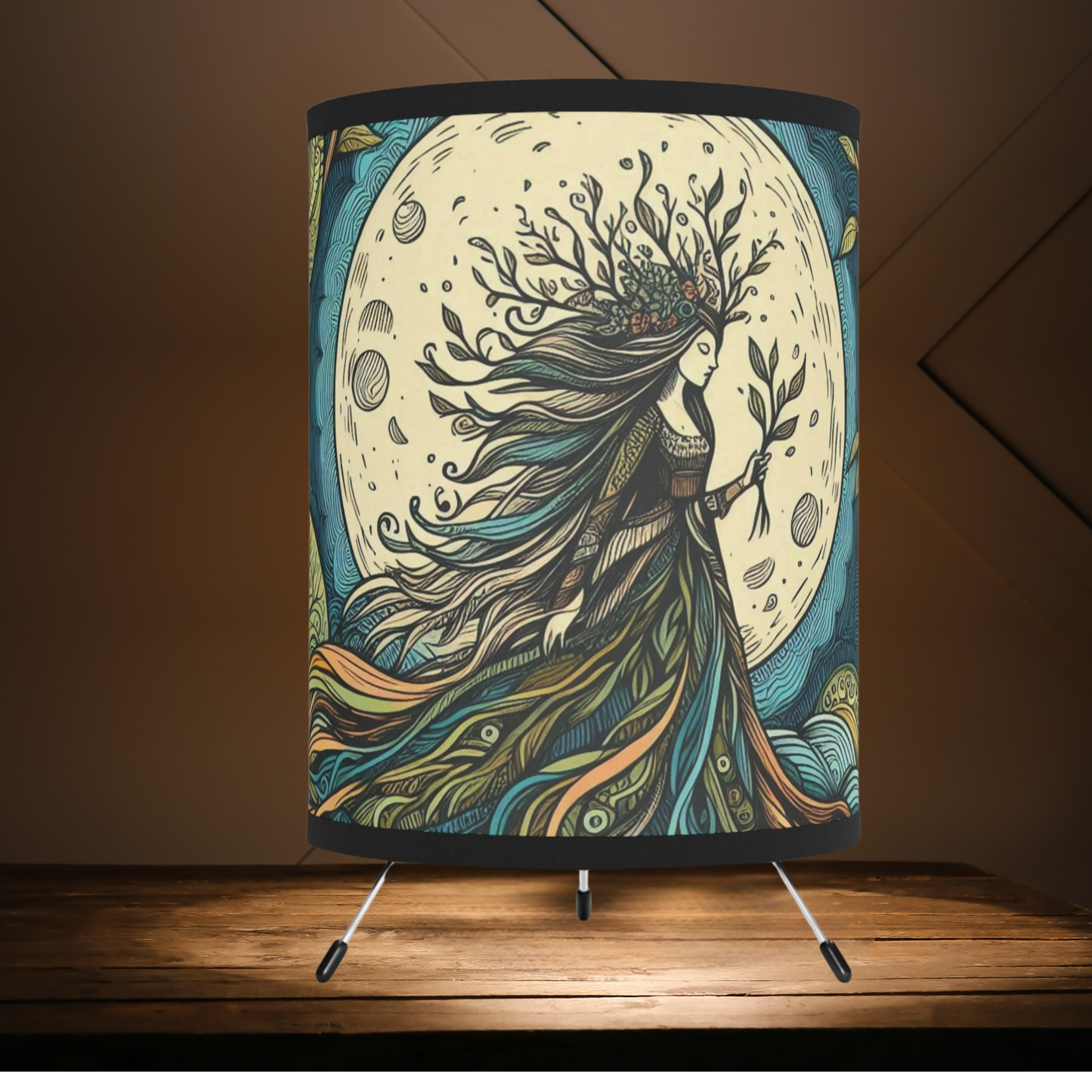 Tripod Table Lamp - Rooted Tree Goddess and Full Moon