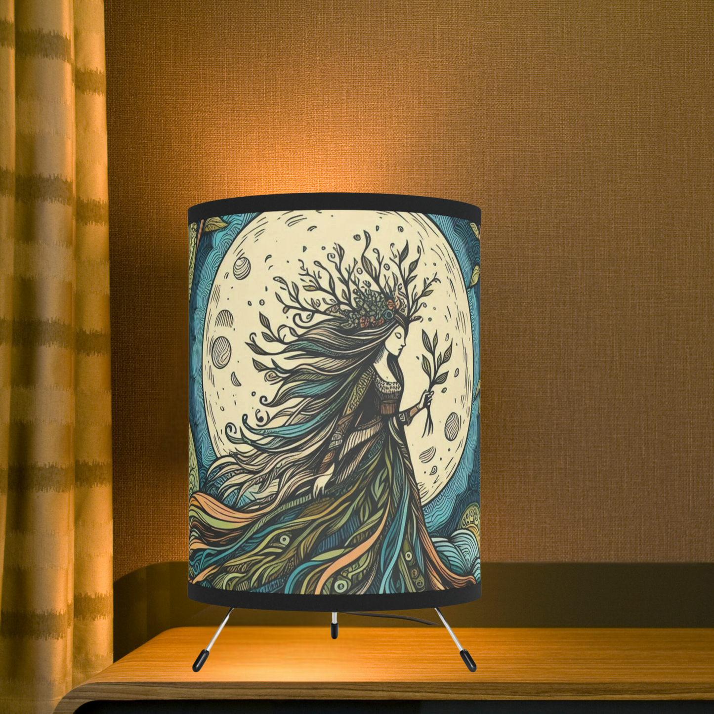 Tripod Table Lamp - Rooted Tree Goddess and Full Moon