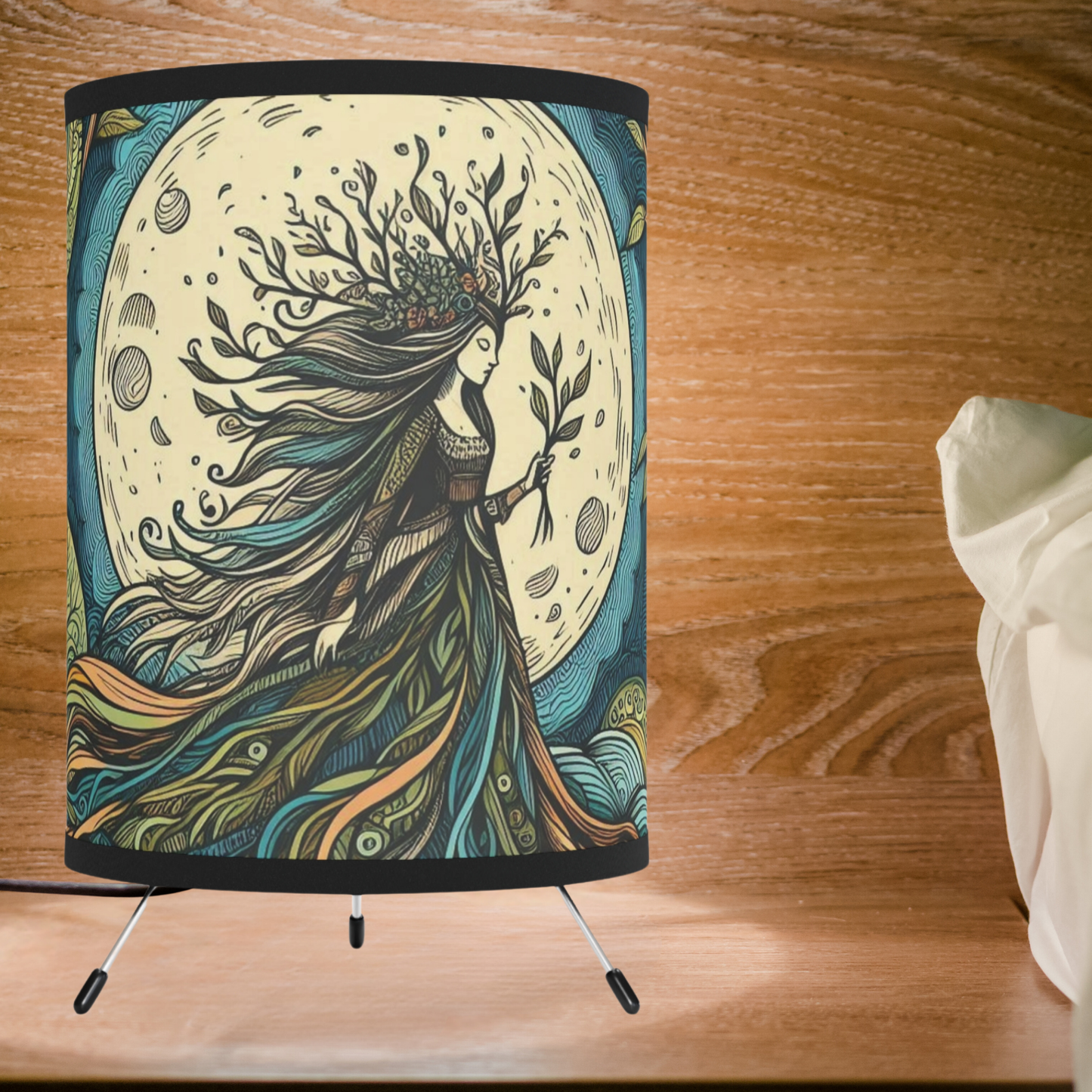 Tripod Table Lamp - Rooted Tree Goddess and Full Moon