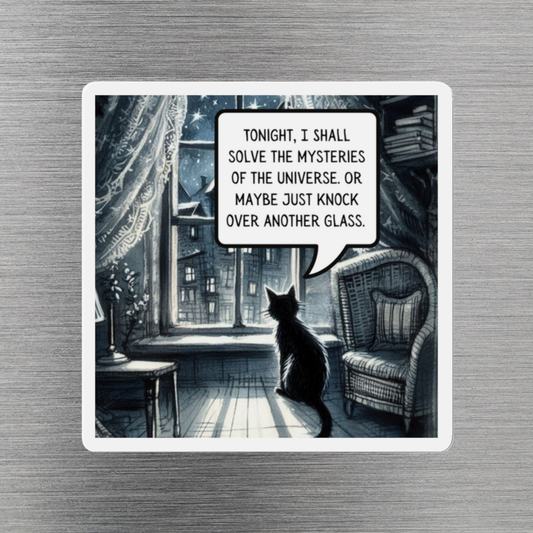 Cat Magnet - Whimsical Graphic Novel Style Scene of Kitty Contemplating Tonight's Mischief - Fun Gift for Cat Lovers