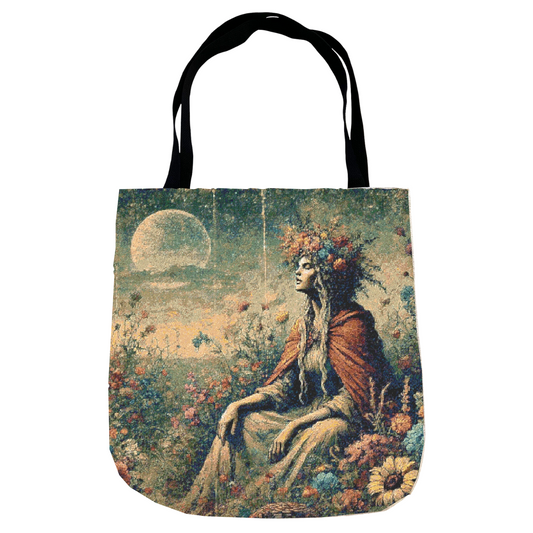 Woven Tote Bag - Earth Goddess in Colorful Flower Field