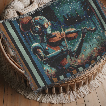 Woven Blanket -  Retro-Futuristic Robot Playing Violin in the Forest Night