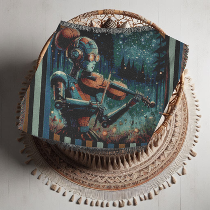 Woven Blanket -  Retro-Futuristic Robot Playing Violin in the Forest Night