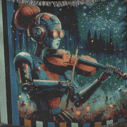 Woven Blanket -  Retro-Futuristic Robot Playing Violin in the Forest Night