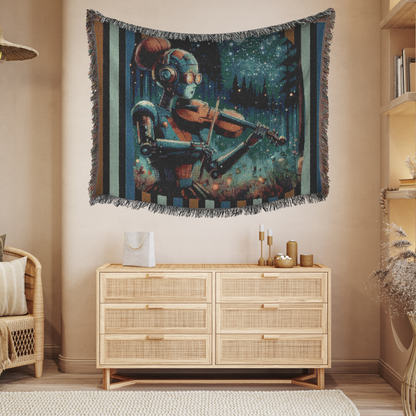 Woven Blanket -  Retro-Futuristic Robot Playing Violin in the Forest Night