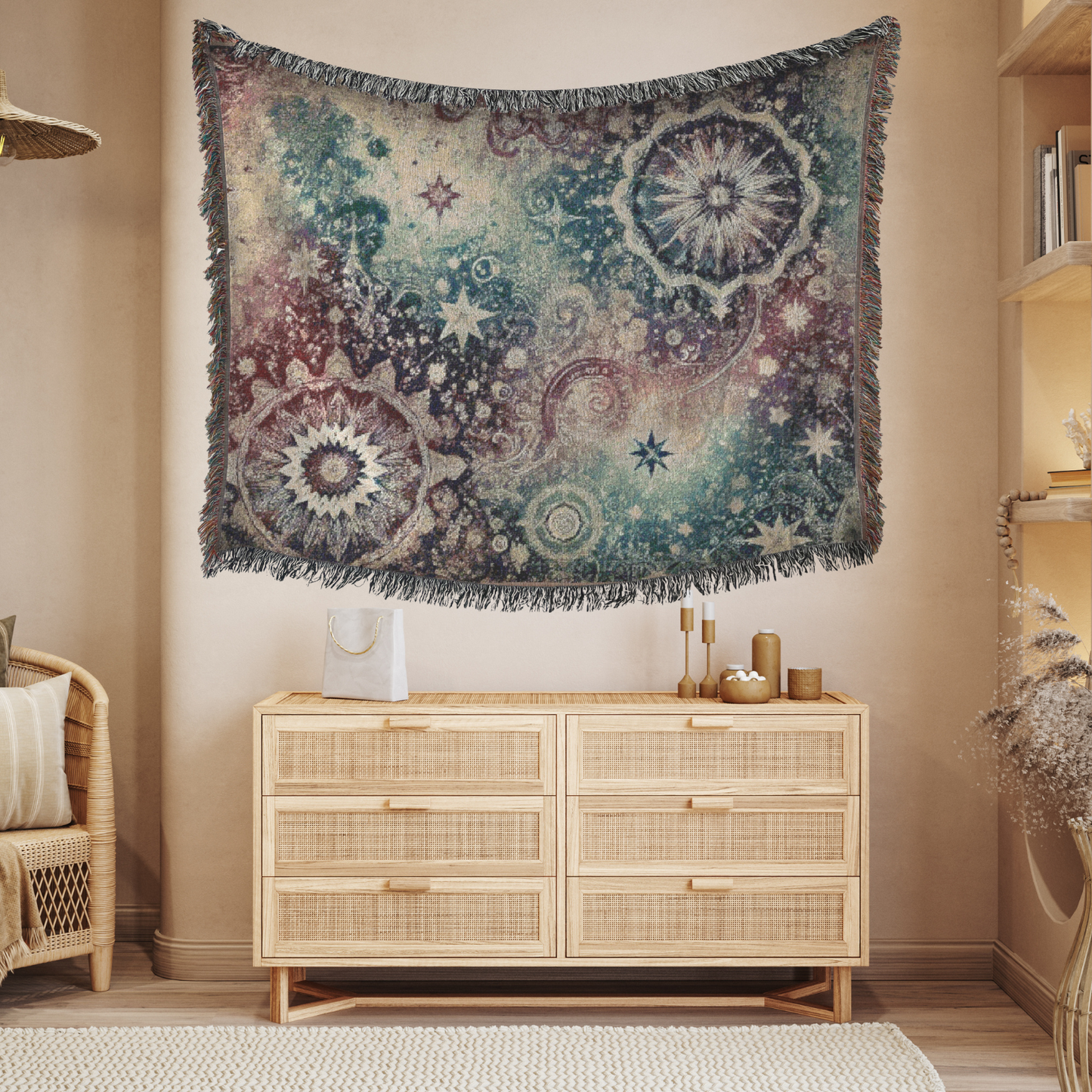 Woven Blanket - Galaxy with Vintage Stars in Purple and Teal