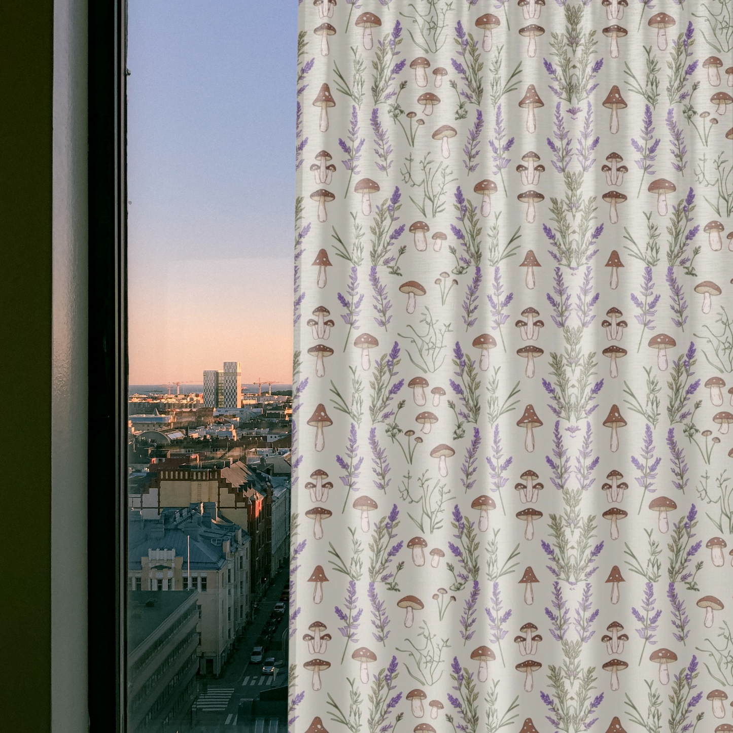 Window Curtain - Boho Botanical Mushroom & Lavender Design, 50" × 84" Sheer