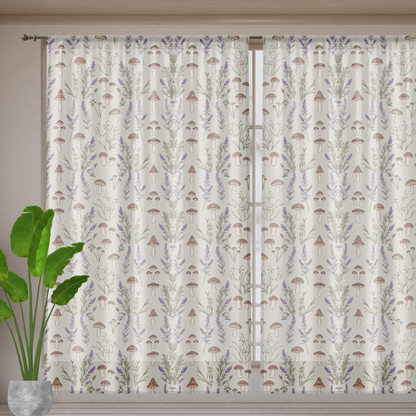 Window Curtain - Boho Botanical Mushroom & Lavender Design, 50" × 84" Sheer