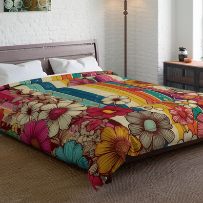 Comforter - 70s Style Bold Stripes and Wildflowers