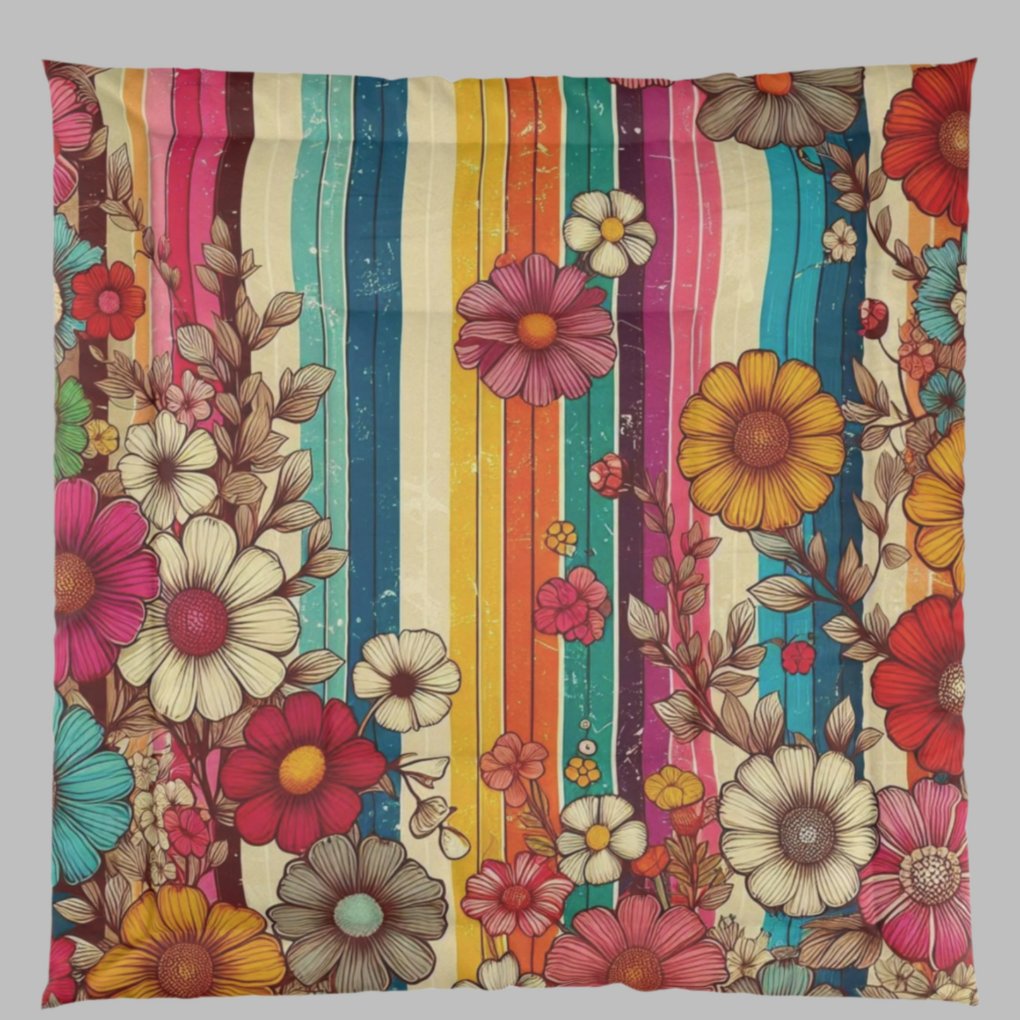 Comforter - 70s Style Bold Stripes and Wildflowers