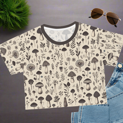 Crop Tee - Woodland Charm Black & White Mushroom Botanicals