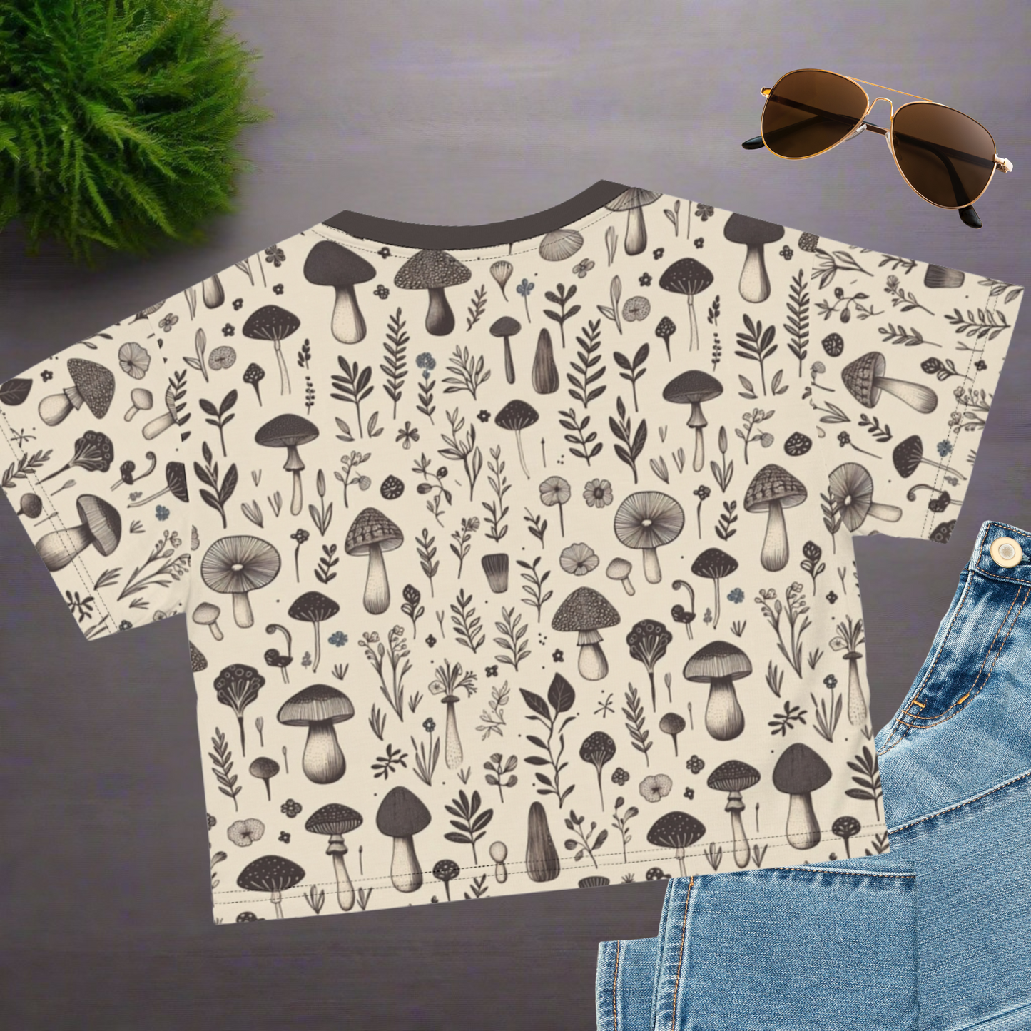 Crop Tee - Woodland Charm Black & White Mushroom Botanicals