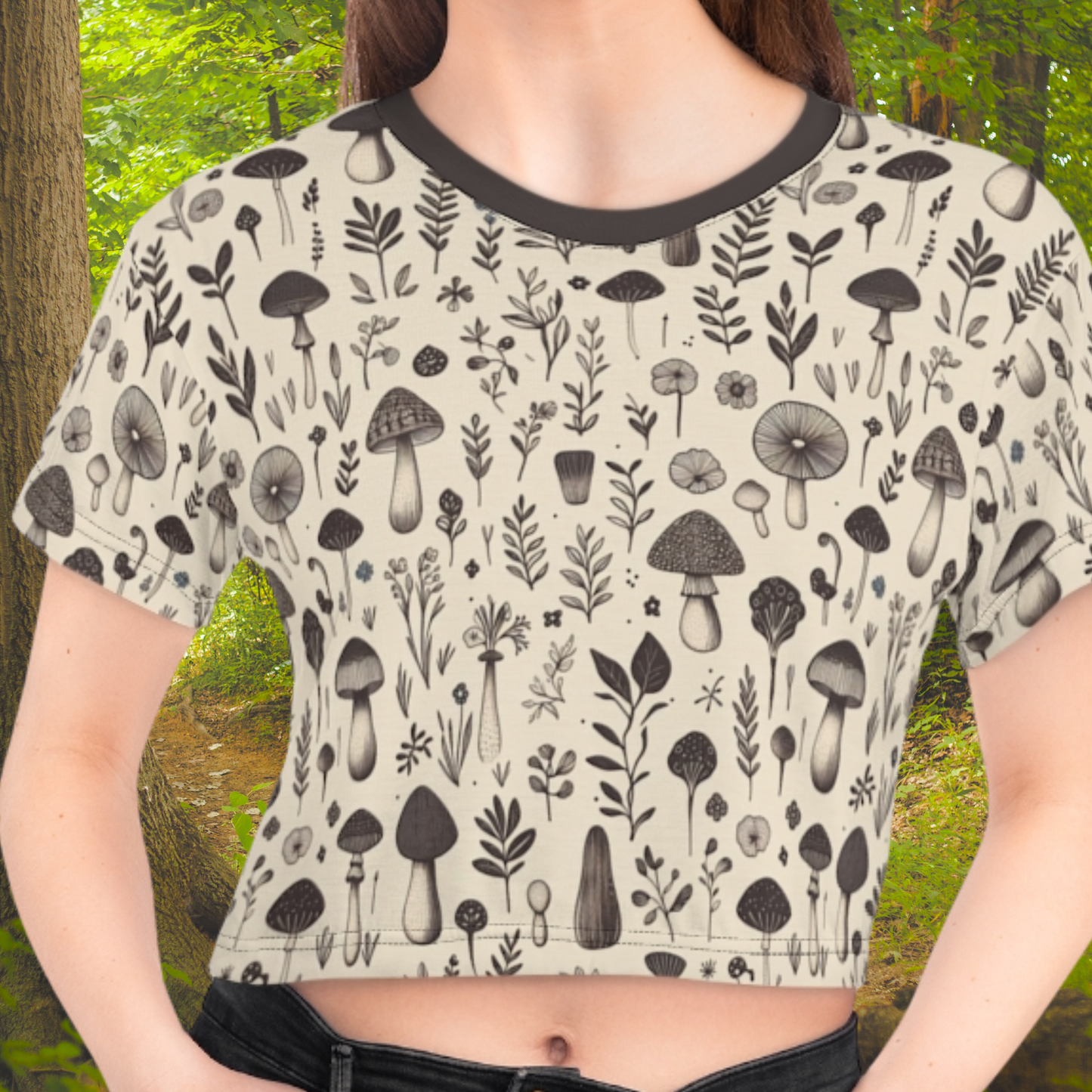 Crop Tee - Woodland Charm Black & White Mushroom Botanicals