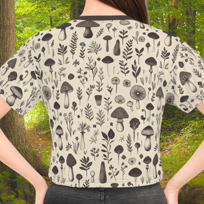 Crop Tee - Woodland Charm Black & White Mushroom Botanicals