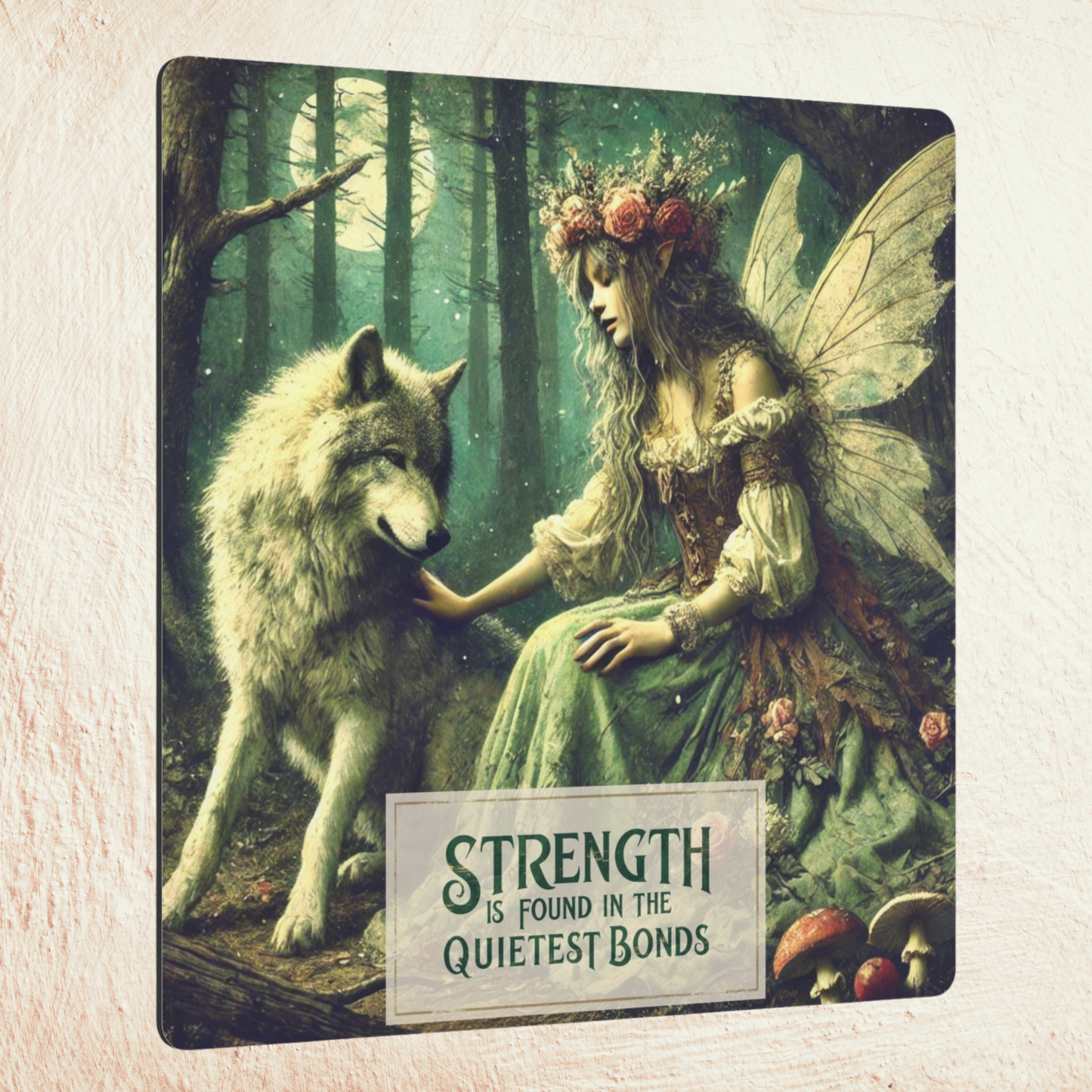 Metal Wall Art - Fairy & Wolf Companion in the Forest Night, "Strength Is Found in the Quietest Bonds"