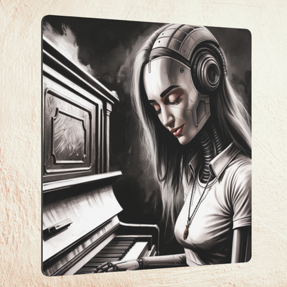 Metal Wall Art - "Cybernetic Sonata" with Retro-Futuristic Robot Playing Piano